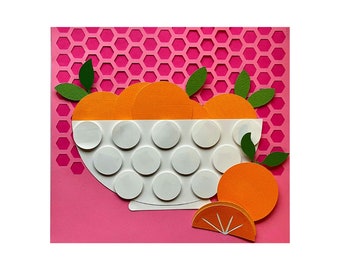 Bol d'oranges papier découpé, Art du papier découpé à la main, Art Original, Art du Collage de fruits, Art de la cuisine fait à la main