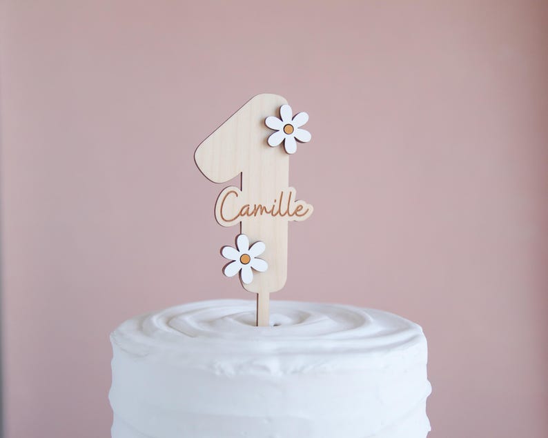 Personalized Daisy Number Cake Topper, Baby First Birthday, Custom Name 1'st Birthday Cake Topper, Boho Retro Party, Smash Cake Decoration image 1