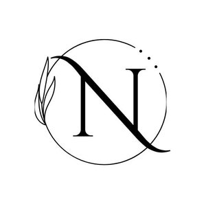 May include: A black and white illustration of the letter N with a leaf design and a circle around it.