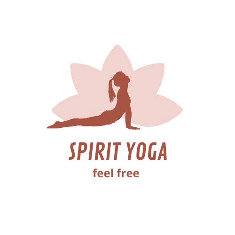May include: A logo for a yoga studio called "Spirit Yoga" with the tagline "feel free". The logo features a silhouette of a person in a yoga pose on a pink lotus flower.