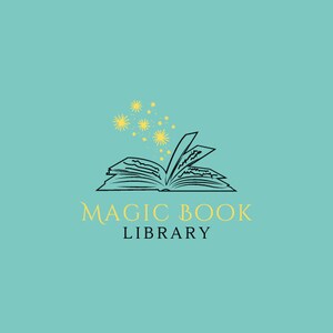 May include: A black and white illustration of an open book with stars above it. The text "MAGIC BOOK LIBRARY" is below the book.