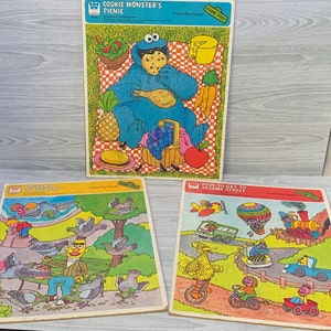 Vintage Sesame Street 11" x 14" Frame Tray Puzzle Lot ~ How to Get to Sesame Street Cookie Monsters Picnic Bert Pigeons 1979