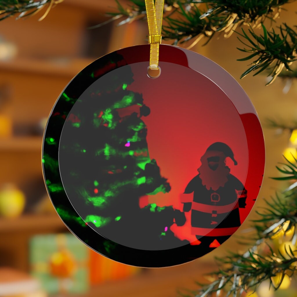 Christmas Tree and Santa Claus Silhouette Glass Ornament