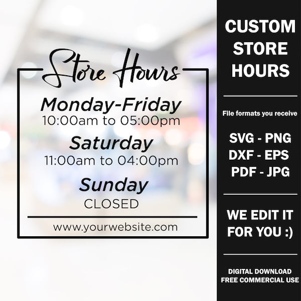 Custom Store Hours SVG | Store Hours Vinyl Decal | Storefront Decal with Hours of Operation | Business Hours svg png | Business Hours Sign