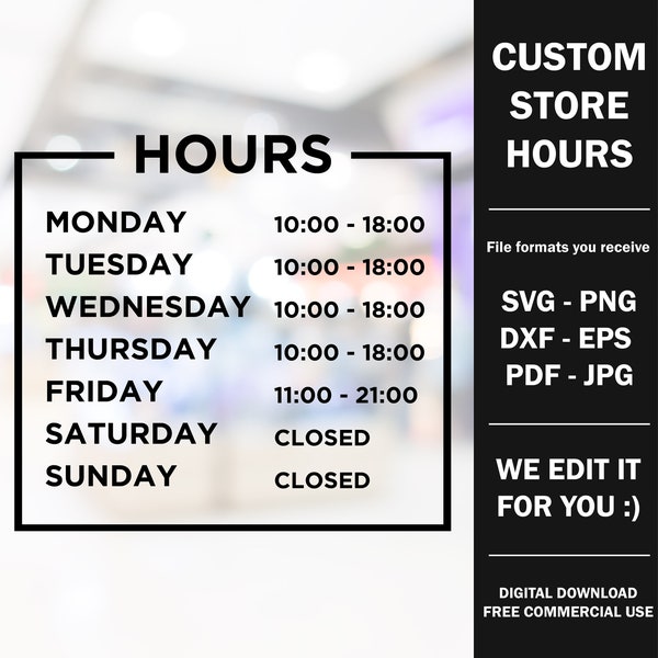 Custom Store Hours SVG | Store Hours Vinyl Decal | Storefront Decal with Hours of Operation | Business Hours svg png | Business Hours Sign