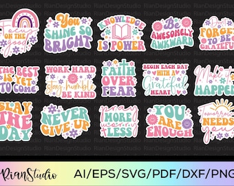 Boho motiverende citaten Svg Png stickerbundel | 15 Boho Affirmaties print en knip stickers bundel | Afdrukbare stickers | Retro-stickers
