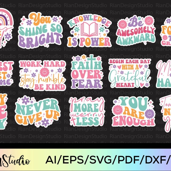 Boho Motivational Quotes Svg Png Sticker Bundle | 15 Boho Affirmations Print And Cut Stickers Bundle | Printable Stickers | Retro Stickers