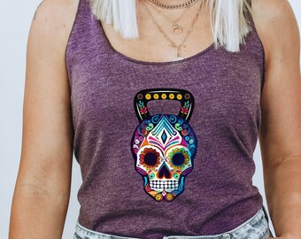 Spooky Season KETTLEBELL Skull Day of the Dead Tank Top, Skull Tank Top, Dia de los Muertos, Calaveras, Halloween Workout Tank Top, Crossfit