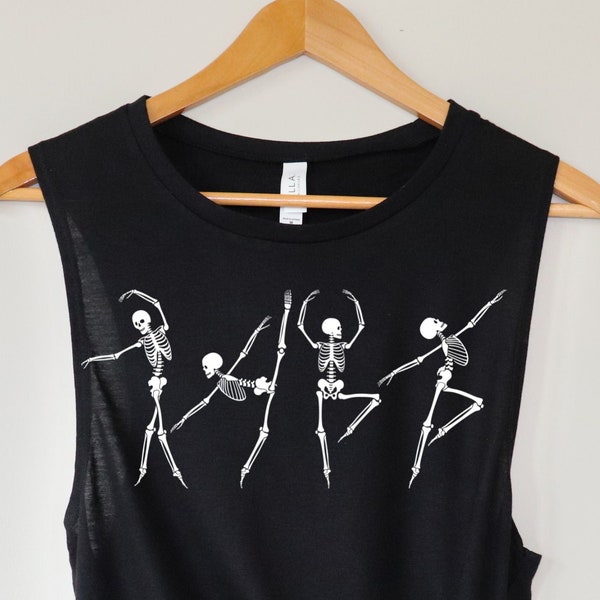 Camiseta sin mangas de yoga con baile de esqueleto, camiseta sin mangas de yoga divertida, camiseta sin mangas de Halloween, camiseta sin mangas de entrenamiento de Halloween, camiseta sin mangas para mujer