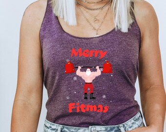 Merry FITMAS Funny Santa Workout Tank Top for Women, Crossfit Tank Christmas Gifts, Funny Yoga Tank Tops, Funny Gym Tanks Holidays Workout