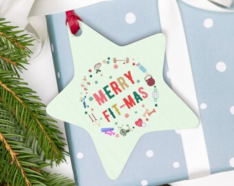 Festive Gym Christmas Ornament Merry FITMAS Handcrafted Gym Decor - Christmas Ornament for Fitness Enthusiasts Couples Christmas Gym Gifts