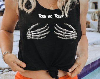SPOOKY Season Skeleton Hands Trick or Treat Tank Top for Women, Crossfit, Halloween Tank Tops, Funny Halloween,  Women Muscle Tanks, Gym