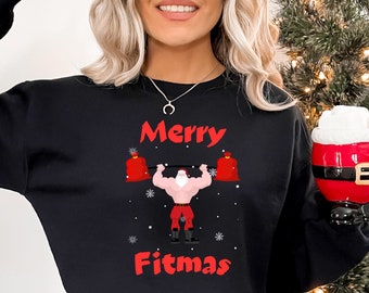 FUNNY Santa Merry Fitmas Christmas Sweater for Fitness Enthusiasts, Crew Neck Gym Sweaters, Workout Sweatshirts, Holiday Gym Shirt, Crossfit