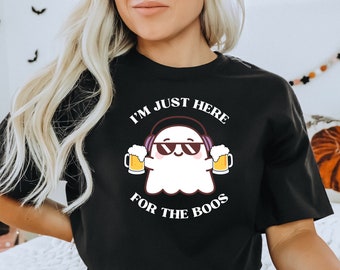 I'M Just Here for the BOOS Funny Halloween Ghost Holding Beer Mugs Shirt, Spooky Season Ghost Shirt, Vintage Ghost Halloween Decor, Tee