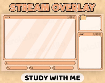 May include: A peach-colored digital overlay for streaming with the text "STREAM OVERLAY" at the top and "STUDY WITH ME" at the bottom. The overlay has a live window, a chat window, and a search bar with icons for a heart, star, and diamond.