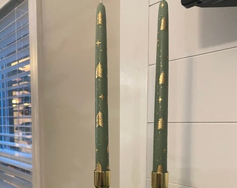 2 Handpainted Christmas Taper Candles Green with Gold Christmas Trees and Stars Table Decor Mantle Decor Retro Candles Modern Candle Vintage