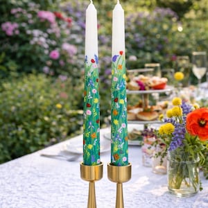 Set of 2 Wildflower Taper Candles Handpainted 10” Garden Party Candlesticks Spring & Summer Table Decor