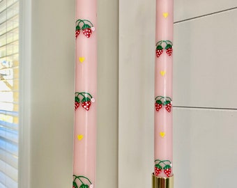 2 Strawberry Taper Candles w/ Yellow Hearts Handpainted Pink Candle Cute Summer Candle Spring Decor Summer Decor Table Decor Mantle