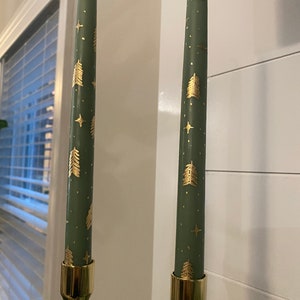 2 Handpainted Christmas Taper Candles Green with Gold Christmas Trees and Stars Table Decor Mantle Decor Retro Candles Modern Candle Vintage