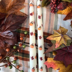 2 Handpainted Fall Candles w/ Glitter Unique Autumn Taper Candles Thanksgiving Table Decor Handpainted Pumpkin and Leaves  Gift for Her