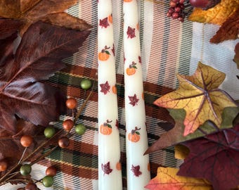 Set of 2 Fall Taper Candles Handpainted Pumpkin & Leaves with Glitter Cute Autumn Candlesticks Unique Thanksgiving Table Decor Housewarming