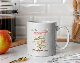 Mushroom Lover Coffee Mug Easily Enchanted by Mushrooms Boho Hippie Coffee Cup Botanical Fungi Lover Mug Nature Inspired Saying Gift for Her