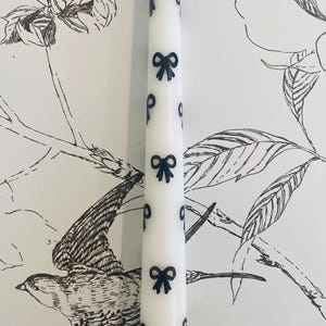 One Black Bow on White Taper Candle Handpainted 10” Cute Bow Candlestick Unique Gift for Her Cottage Home Decor