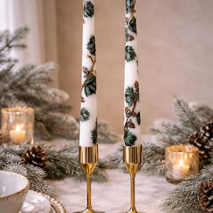 Set of 2 Winter Pine Taper Candles Handpainted Christmas Candlestick White 10” Unique Winter Wedding Table Decor Gift for Her