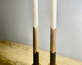 2 Handpainted  Ribbed Taper Candle Cream Black and Gold 10” Unscented Unique Table Decor Modern Candle Wedding Gift for Her Mantle Decor