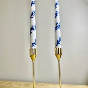 2 Blue and White Floral Taper Candles 10” Handpainted Unscented Vintage Rose Vine Candlestick Wedding Candle Table Decor Gift for Her Mantle