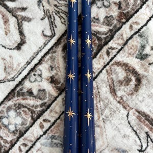 Set of Blue w/ Gold Stars Handpainted Taper Candles 10” Modern Candlestick Unique Mantle Decor Wedding Party Candle Gift for Her