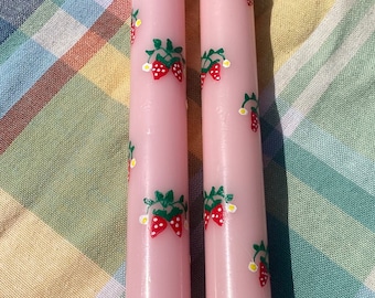 Set of 2 Strawberry Taper Candles Handpainted 10” Cute Strawberry Candlesticks Strawberry Summer Decor