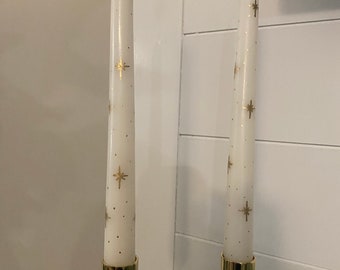2 Handpainted Taper Candles White and Gold Stars 10” Advent Candles Mantle Decor Table Decor Wedding Decor Party Candles Gift for Her