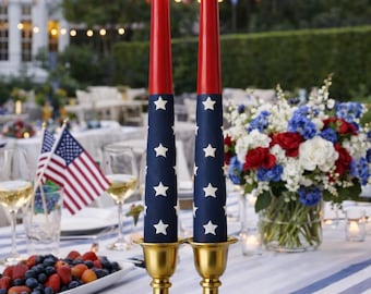 Pair of American Flag Taper Candles Handpainted: Set of 2 Patriotic 4th of July Decor