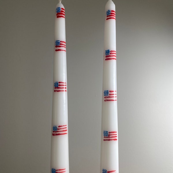 2 American Flag Handpainted Taper Candles 10” Independence Day Decor Fourth of July Table Decor Patriotic Candle Unique Candle Housewarming