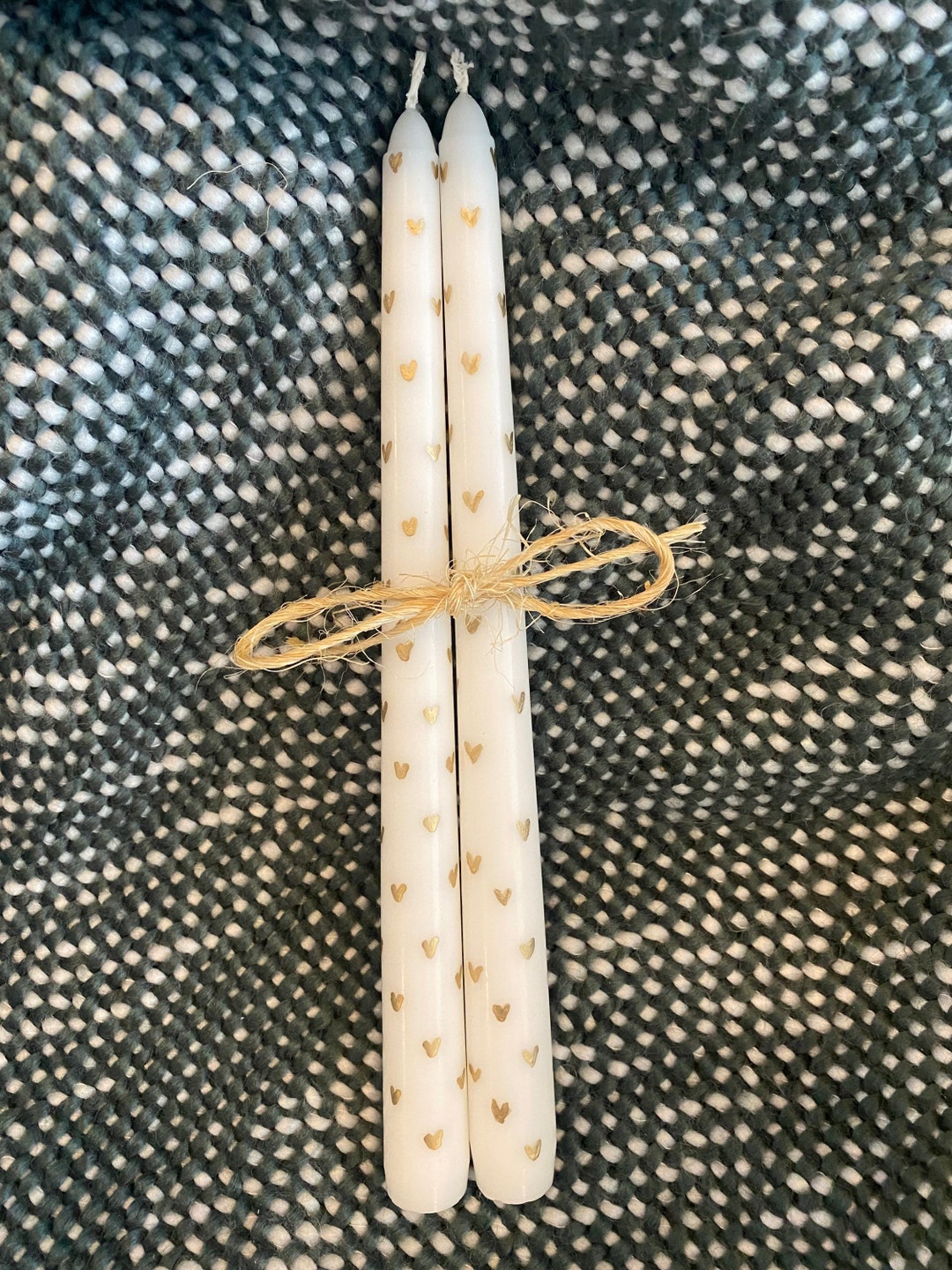 2 Gold Heart Taper Candles Handpainted Candles White and Gold Decor