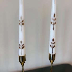 Set of Modern White w/ Gold Leaf Handpainted Taper Candles 10” Housewarming Gift  MCM Table Decor Wedding Candlestick Party Candle