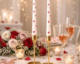 2 Red Heart Taper Candles Handpainted 10” Cute Anniversary Candlesticks Valentines Day Decor Wedding Table Candles Red Heart on White Candle