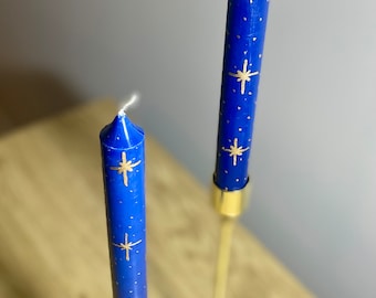 2 Blue Taper Candles w/ Handpainted Gold Stars 8” Unscented Mantle Decor Table Party Decor Cute Candles Gift for Her Birthday Gift Idea