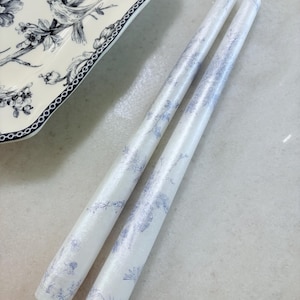 Set of Chinoiserie Blue and Pearly White Floral Taper Candles 10” Handpainted Unique Chinoiserie Wedding Party Candlestick Blue & White