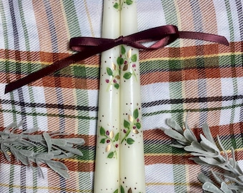 Set of Fall / Winter Holly Taper Candles Hand Painted Christmas Candlesticks