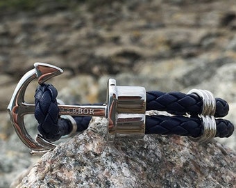 PHIL HARBOR | Pulsera de ancla náutica | Cuero plateado | Pulsera de ancla | Unisex