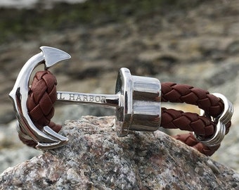 PHIL HARBOR | Pulsera de ancla náutica | Cuero plateado | Pulsera de ancla | Unisex