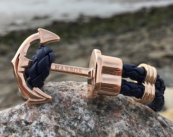 PHIL HARBOR | Pulsera de ancla náutica | Cuero oro rosa | Pulsera de ancla | Unisex