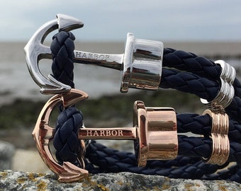 PHIL HARBOR | Pack de dos | Pulseras de ancla náuticas | Plata, oro rosa y cuero | Pulseras de ancla | Unisex
