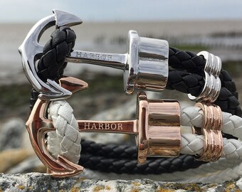 PHIL HARBOR | Pack de dos | Pulseras de ancla náuticas | Plata, oro rosa y cuero | Pulseras de ancla | Unisex