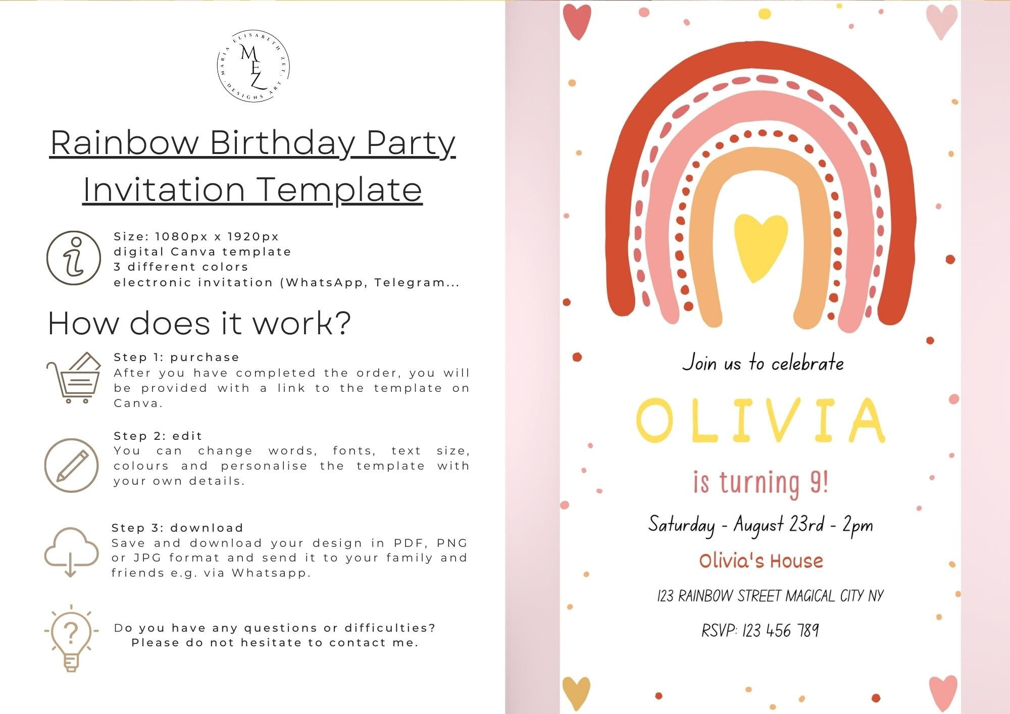 Editable Rainbow Party Invitation Template Editable Evite Cell Etsy