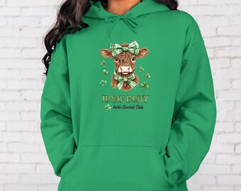 Felpa con cappuccio Highland Cow, felpa con cappuccio Home Body Cow, felpa unisex per il giorno di San Patrizio, stile accogliente da fattoria, regalo per gli amanti delle mucche
