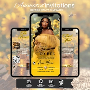 May include: Animated baby shower invitation templates displayed on three smartphones. The central phone features a pregnant woman in a yellow dress with the text "Mommy to Bee." The other phones show details and a thank you message. The background has sunflowers.