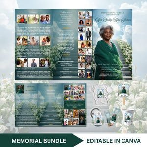 Green Funeral Memorial Bundle Template | Editable Canva Memorial Brochure | Celebration of Life Booklet